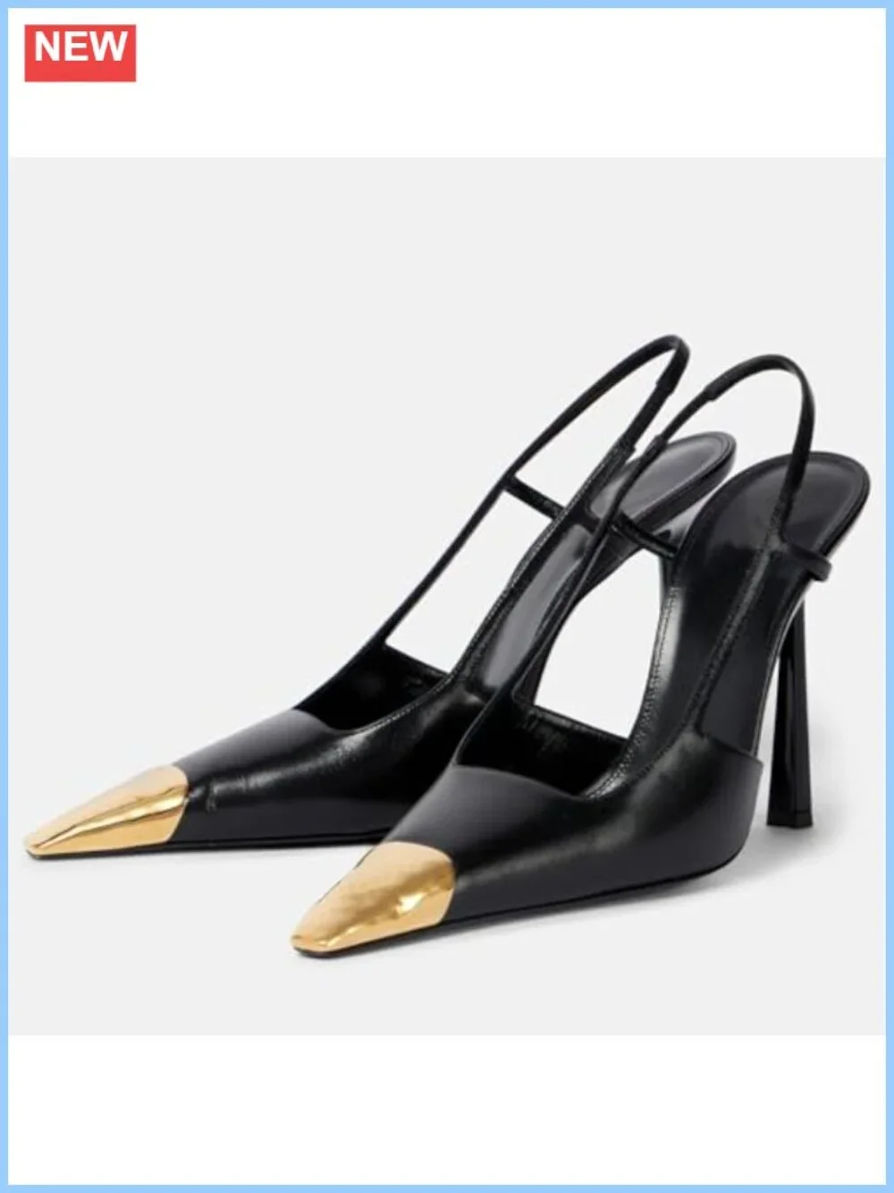 Women's Slingback High Heels Stiletto Pumps Leather Pointed Toe Gold Capped Toe